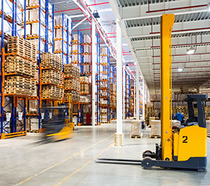 A forklift in a warehouse