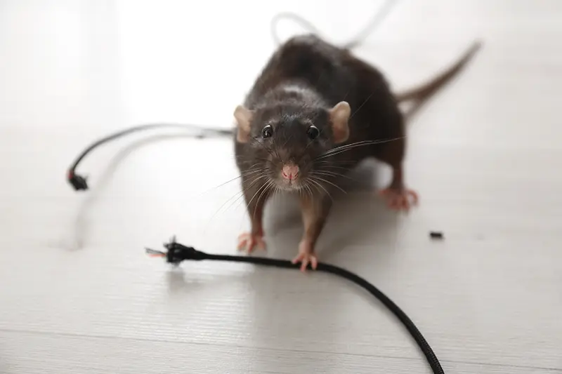 A curious brown rat standing on a light-colored floor surrounded by chewed wires, highlighting the risk of rodent damage to household items. Protect your home from pests—contact Insect IQ for reliable pest control solutions.